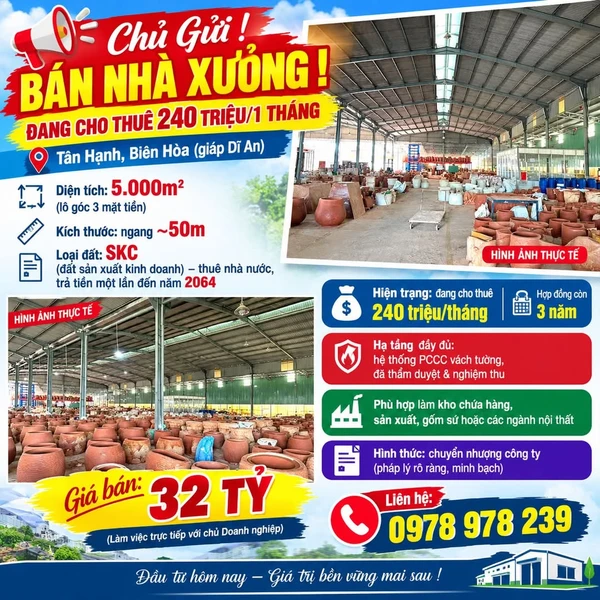 Bán nhà xưởng 5.000m² lô góc 3 mặt tiền, đang cho thuê 240 triệu/tháng, Tân Hạnh, Biên Hòa