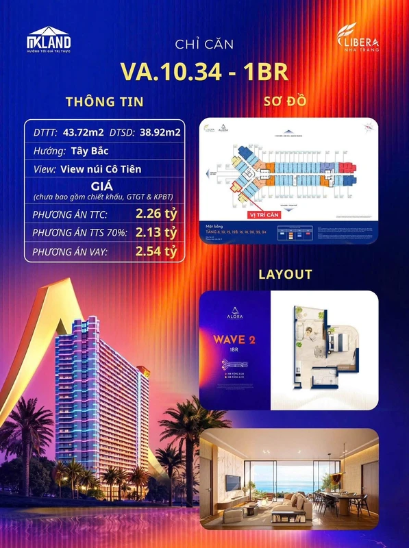 Bán căn hộ 1PN 38,92m² view núi Cô Tiên tại Alora Nha Trang 2,26 tỷ