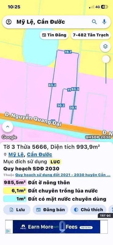 Bán 1.258m² đất lúa có 300m² thổ cư Mỹ Lệ, Tây Ninh