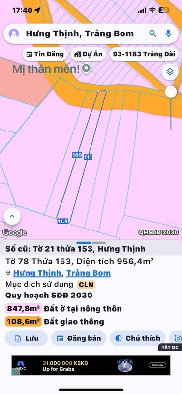 Bán đất Hưng Thịnh Đồng Nai 1123 m2 sổ riêng 1,3 tỷ