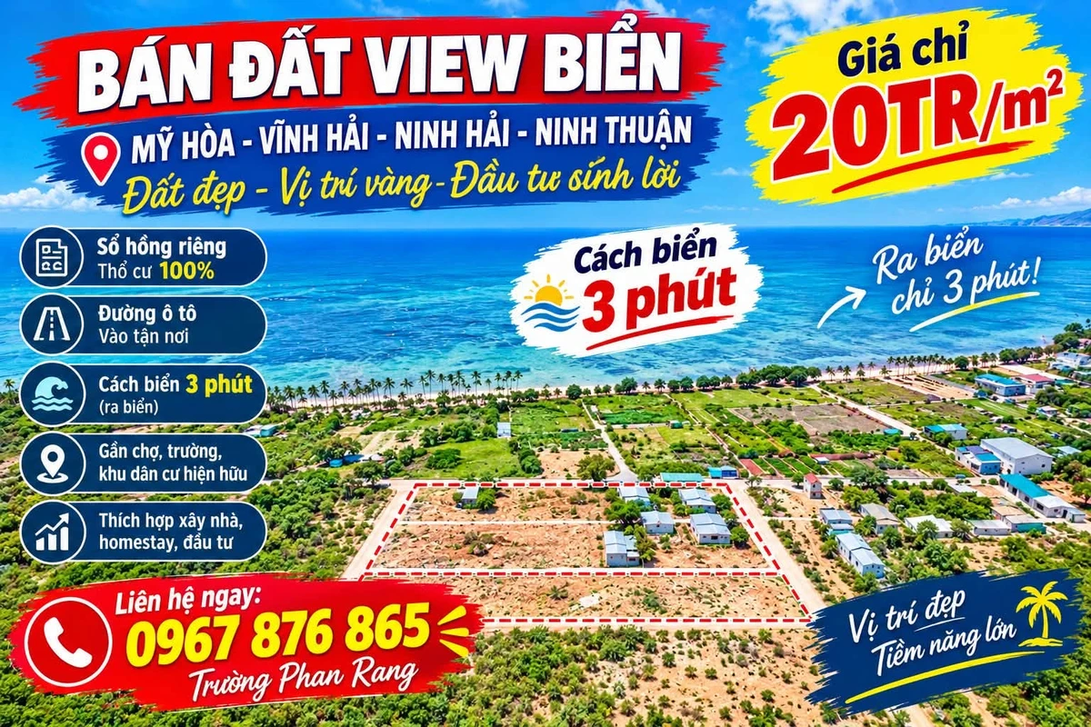 Bán đất thổ cư view biển 120m² giá 20 triệu/m² tại Mỹ Hòa, Ninh Thuận - Ảnh 1