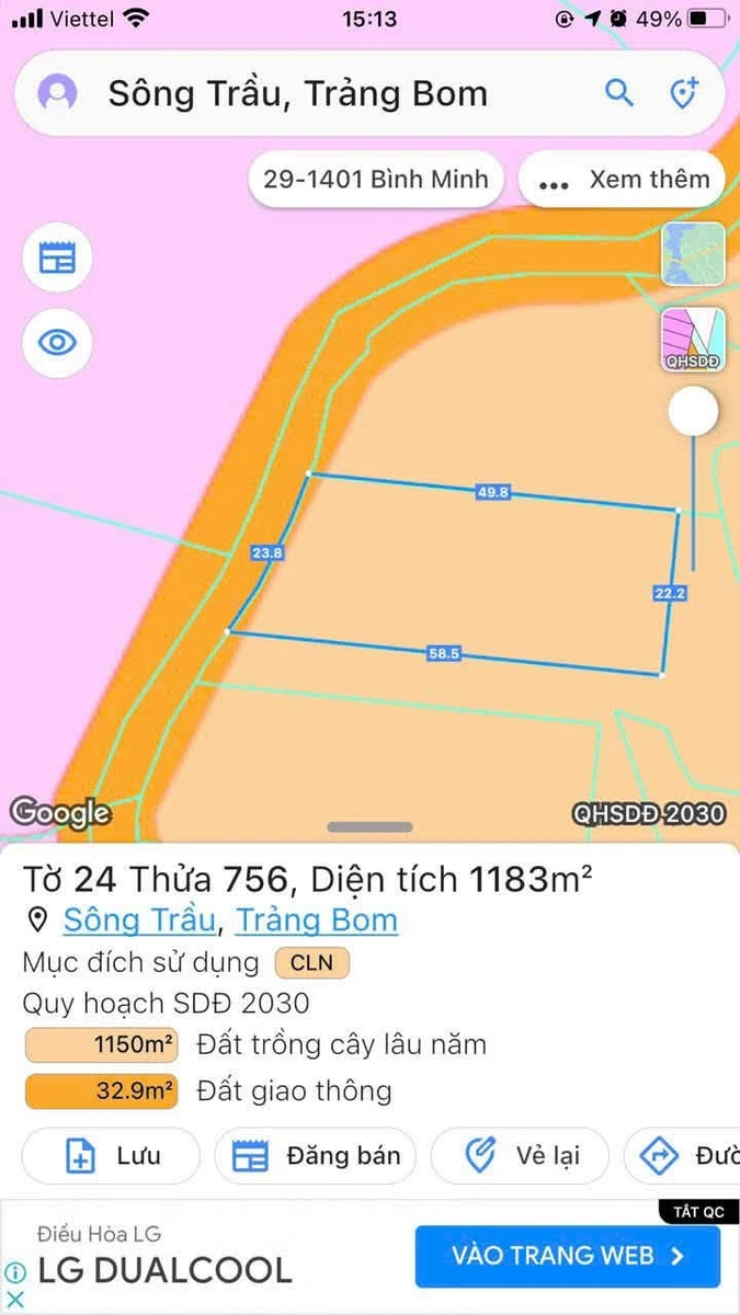 Bán đất mặt tiền Sông Trầu gần KCN Bàu Xéo, 24x50m, 1200m2, 2 tỷ - Ảnh thu nhỏ 2