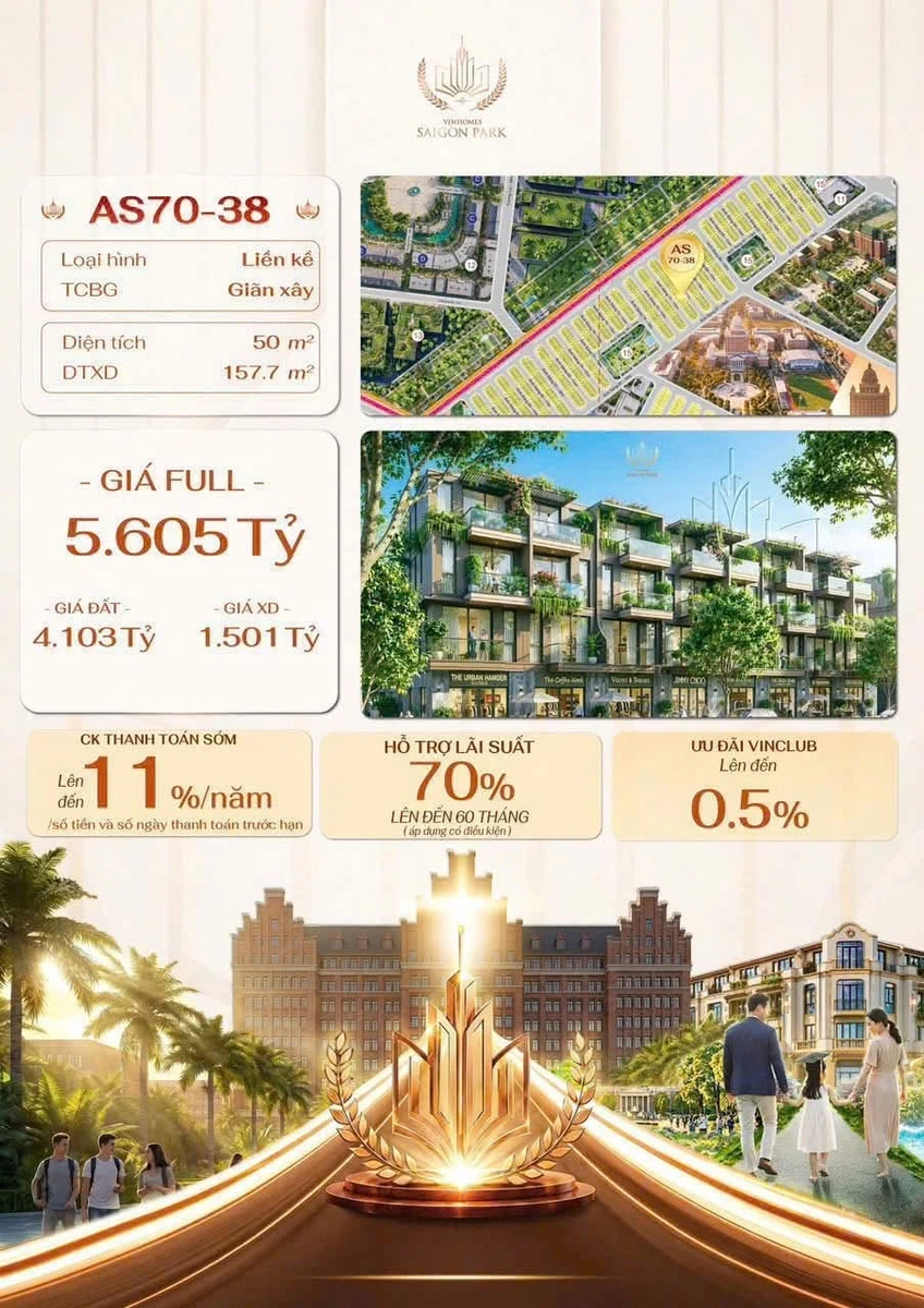 Bán nhà liền kề giãn xây AS70-38 Vinhomes Sài Gòn Park 50m2, giá 5,605 tỷ - Ảnh 1
