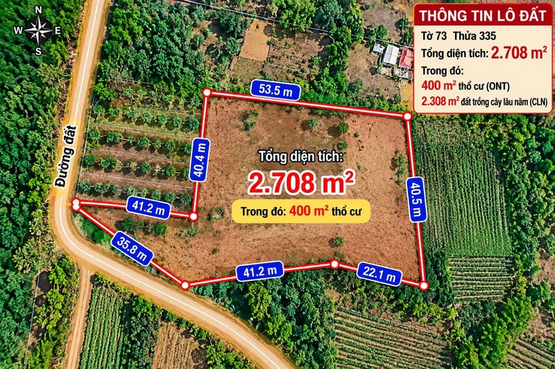 Bán đất Đồng Nai 2700m2, 1 tỷ 5, Đồng Xoài