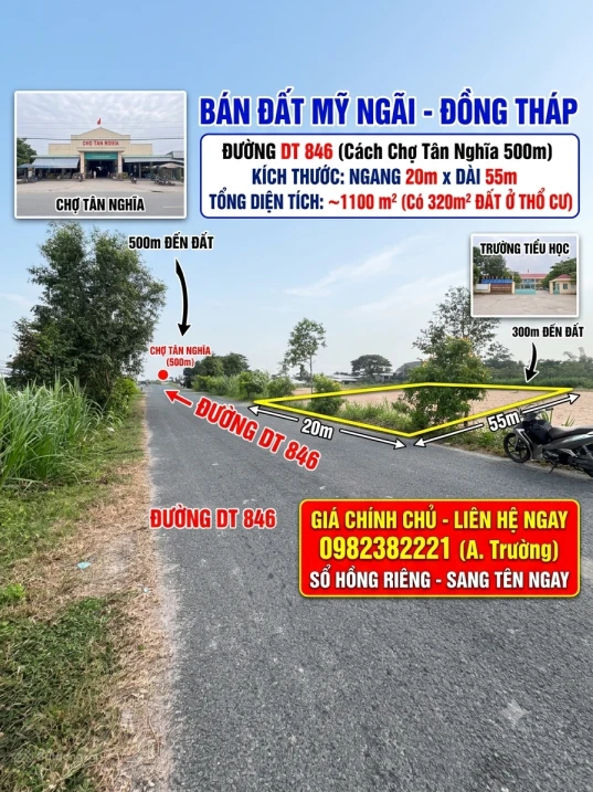 Bán đất tại ĐT 846, 4,5 tỷ, 1100m2, mặt tiền 20m, pháp lý đầy đủ