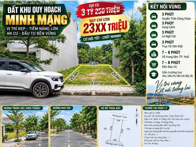 Bán lô đất 200m² (8x25m) KQH Minh Mạng, Phường Thủy Xuân, TP Huế