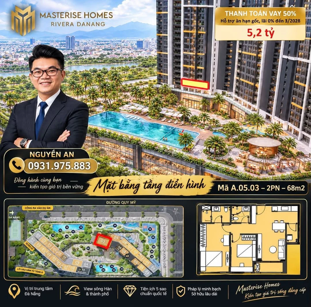 Bán căn hộ 2PN 68m² Masteri Rivera Đà Nẵng 5,2 tỷ - Ảnh 1
