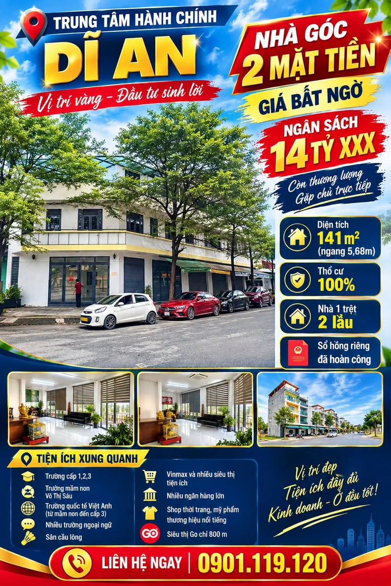 Bán nhà góc 2 mặt tiền 141m² 1 trệt 2 lầu gần Trung tâm Hành chính Dĩ An, Bình Dương - Ảnh 1