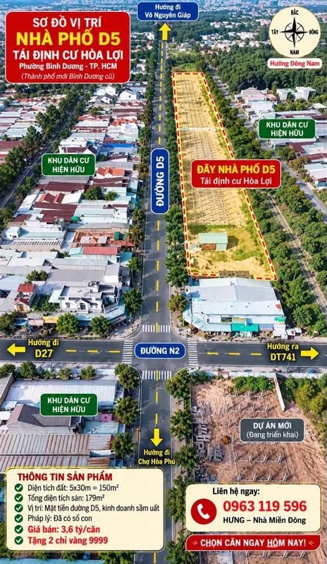 Bán nhà phố 150m² đường D5 khu tái định cư Hòa Lợi, Bình Dương, giá 3,6 tỷ