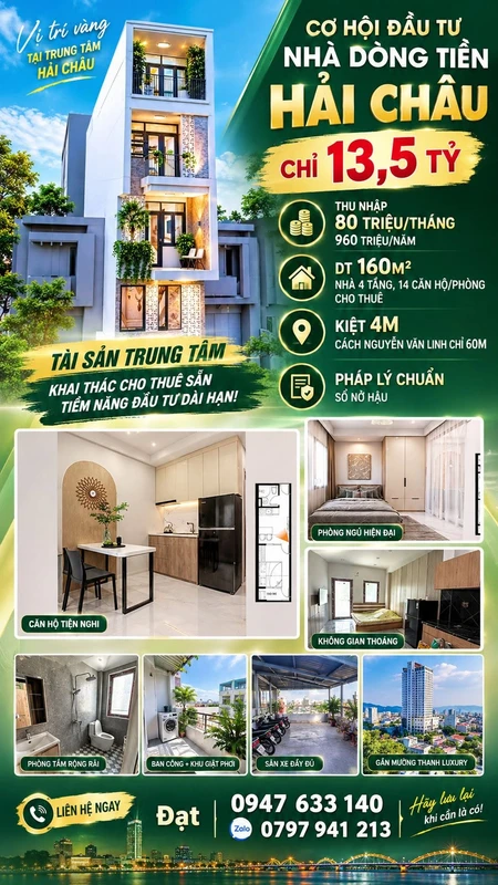 Bán nhà dòng tiền Hải Châu 160m² - 13,5 tỷ, cho thuê 80tr/tháng