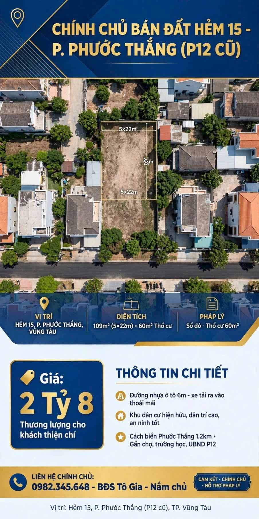 Bán lô đất 109m² Hẻm 15 Phước Thắng Vũng Tàu, giá 2 tỷ 8 - Ảnh 1
