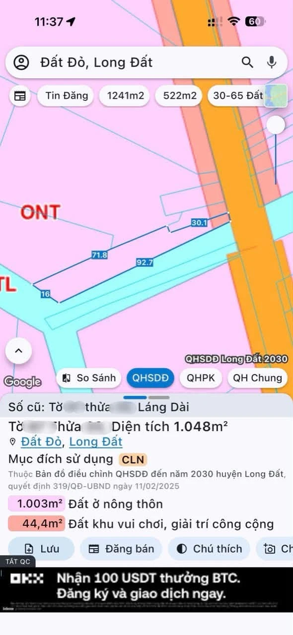 Bán đất Nhà Bè Xã Đất Đỏ 1048m2 gần biển giá 2 tỷ - Ảnh 1