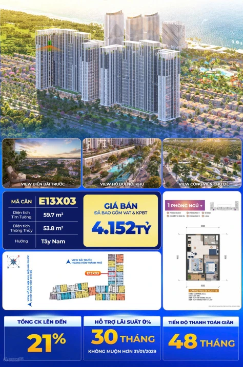 Nổi bật căn hộ Sun Group sở hữu lâu dài, Vũng Tàu E13x03 1 PN view biển bãi trước