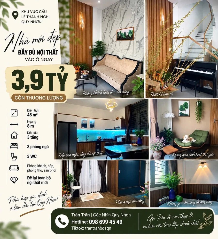 Bán nhà 3 tầng 45m² ngang 8m Quy Nhơn, 3,9 tỷ, full nội thất - Ảnh 1