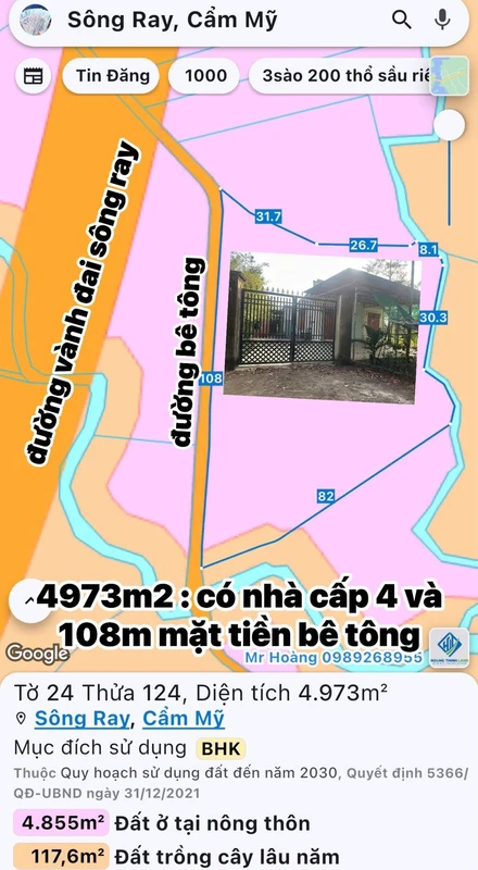 Bán đất mặt tiền 5 sào Sông Ray Đồng Nai 2.6 tỷ