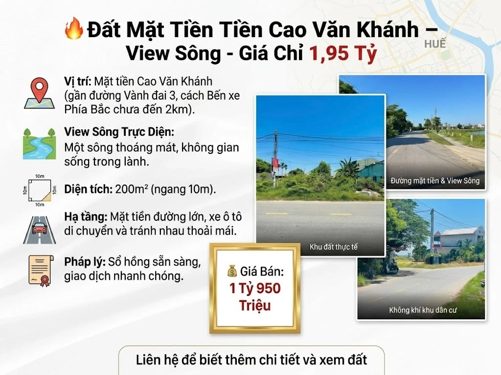 Bán đất mặt tiền Cao Văn Khánh 200m², view sông, 1,95 tỷ - Ảnh 1