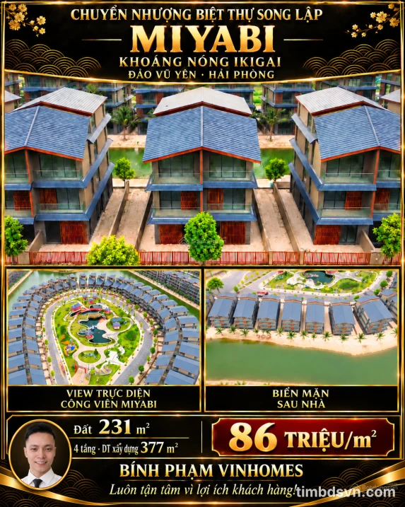 Bán biệt thự song lập Miyabi 231 m², view công viên, khoáng nóng Ikigai, Vũ Yên, Hải Phòng