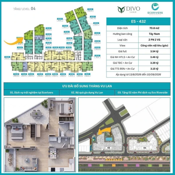 Bán căn hộ 2PN 70,8m² Ecorivers Hải Dương, 3,15 tỷ