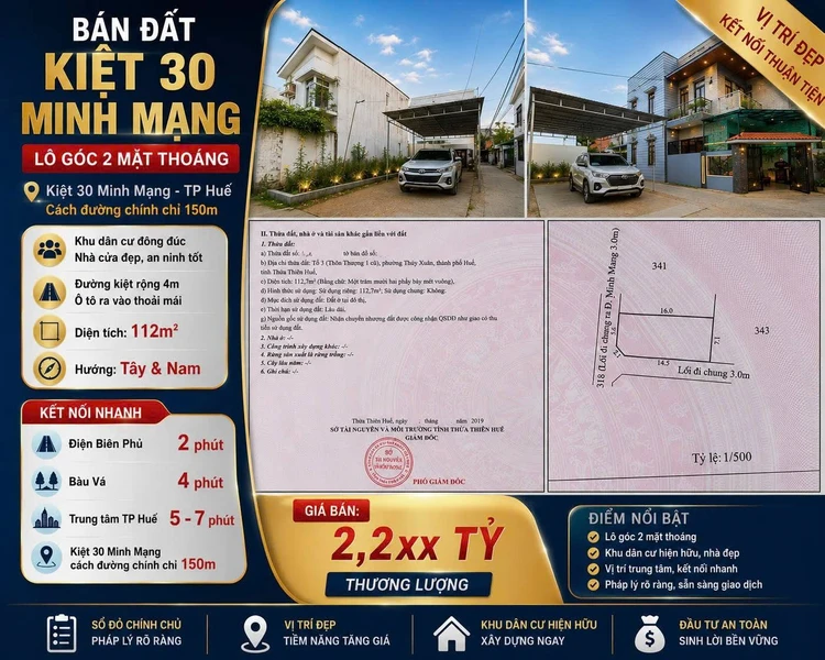 Bán đất lô góc 2 mặt thoáng 112m2 kiệt 30 Minh Mạng, Thuỷ Xuân, TP Huế