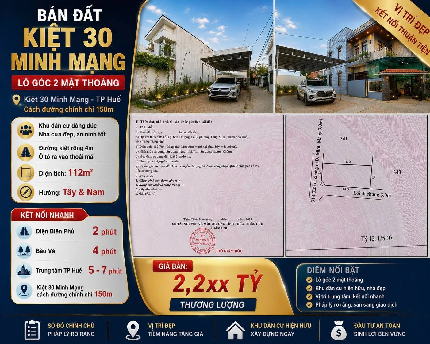 Bán đất lô góc 2 mặt thoáng 112m2 kiệt 30 Minh Mạng, Thuỷ Xuân, TP Huế - Ảnh 1