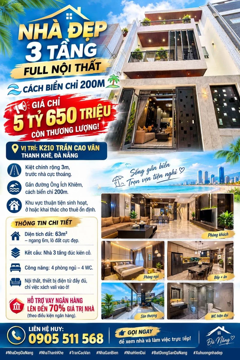 Bán nhà 3 tầng 63m² Thanh Khê Đà Nẵng 5,65 tỷ - Ảnh 1
