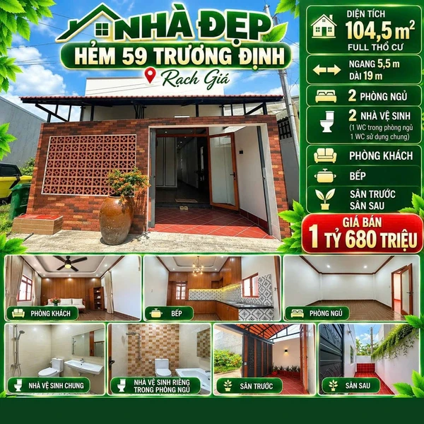 Bán nhà hẻm Trương Định Rạch Giá 104.5m² 1 tỷ 690 triệu