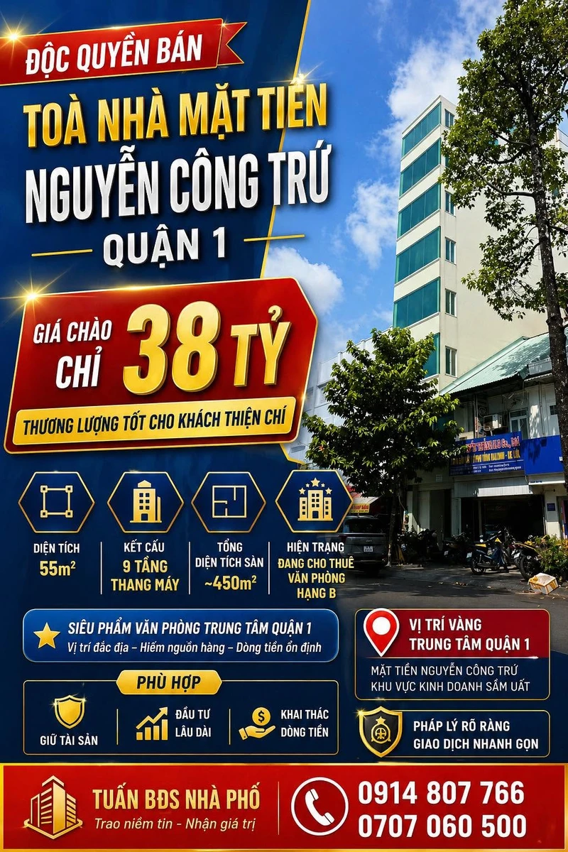 Bán toà nhà văn phòng 55m² 9 tầng thang máy Quận 1 - 38 tỷ - Ảnh 1