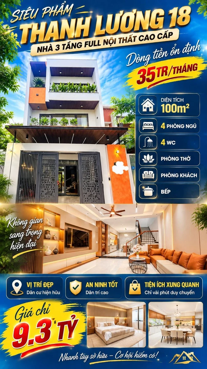 Bán nhà 3 tầng 4PN 100m² Thanh Lương 18 Đà Nẵng 9,3 tỷ - Ảnh 1