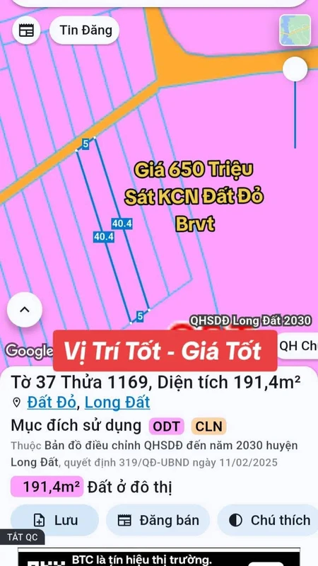 Bán đất thị trấn Đất Đỏ 200m² 650 triệu