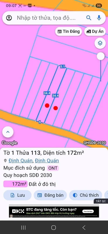Bán 2 nền đất liền kề thị trấn Định Quán 340m², 599 triệu