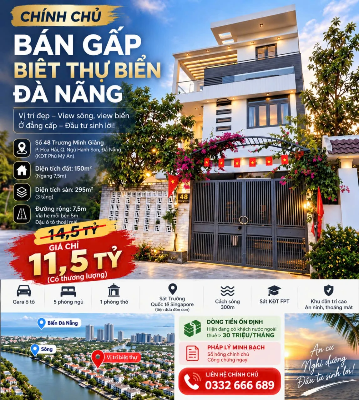 Bán biệt thự biển Đà Nẵng 295m² 5PN 11,5 tỷ, cho thuê 30tr/tháng - Ảnh 1