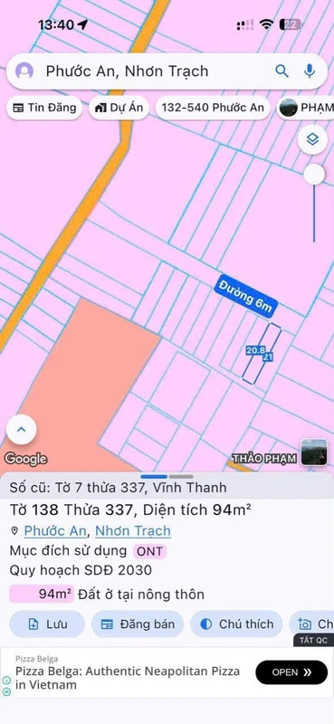 Bán đất thổ cư 94m2 ấp Hòa Bình, xã Vĩnh Thanh, giá 1,6 tỷ