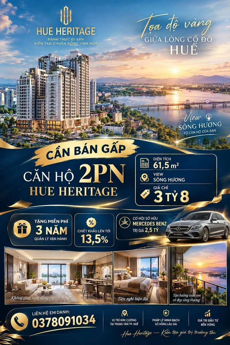 Bán căn hộ 2PN 61,5m² Hue Heritage view sông, 3,8 tỷ - Ảnh 1