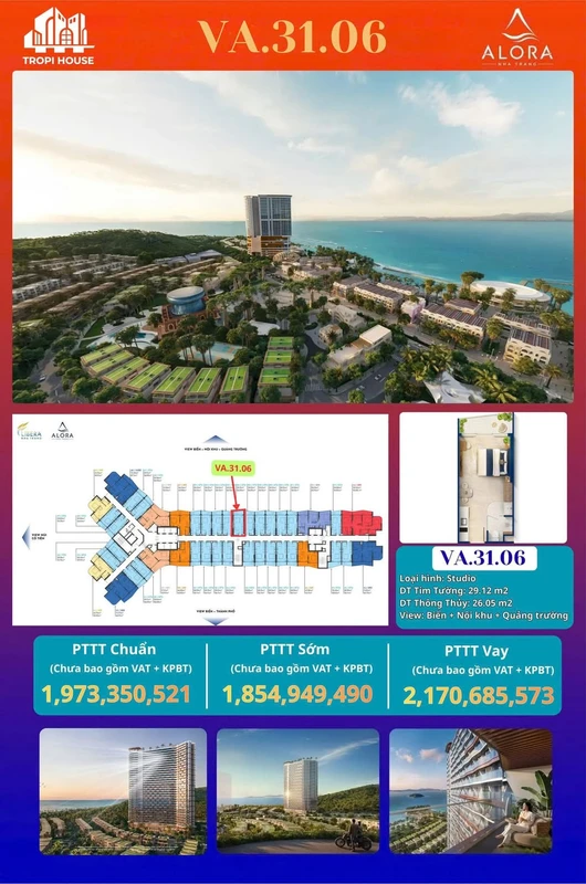 Bán căn studio view biển Alora Nha Trang 29m² tầng 31