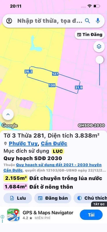 Bán 4000 m² đất lúa Ấp 6 Xã Phước Tuy Cần Đước Long An