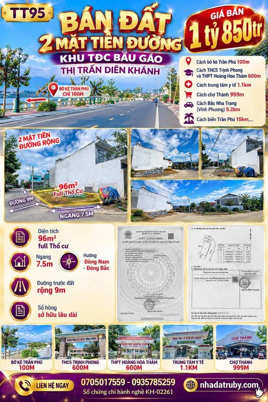 Bán đất 2 mặt tiền 96m2 Bầu Gáo Diên Khánh 1 tỷ 850 triệu