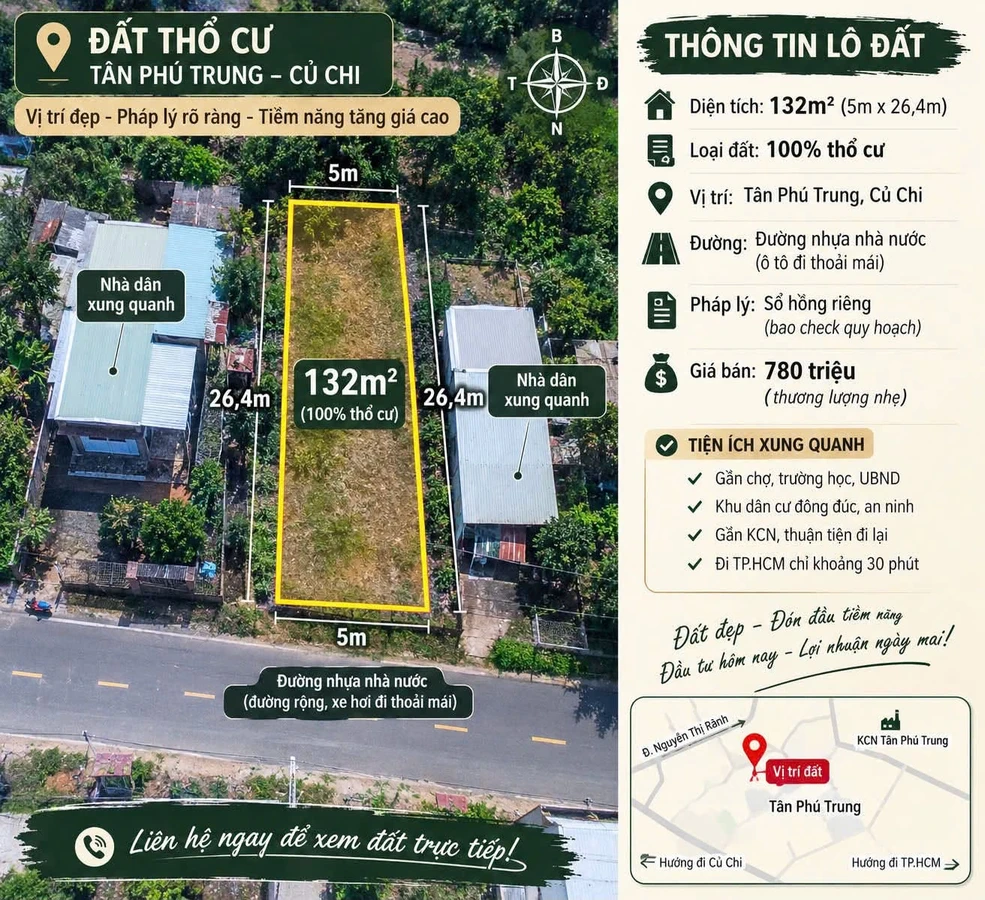 Bán lô đất 132m2 full thổ cư giá 780 triệu tại Tân Phú Trung, Củ Chi - Ảnh 1