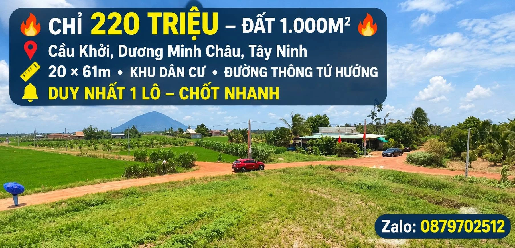 Bán lô đất 1.000m² tại Dương Minh Châu, Tây Ninh - 220 triệu - Ảnh 1