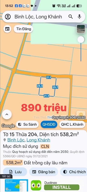 Bán đất vườn chôm chôm 500m² Bình Lộc 890 triệu