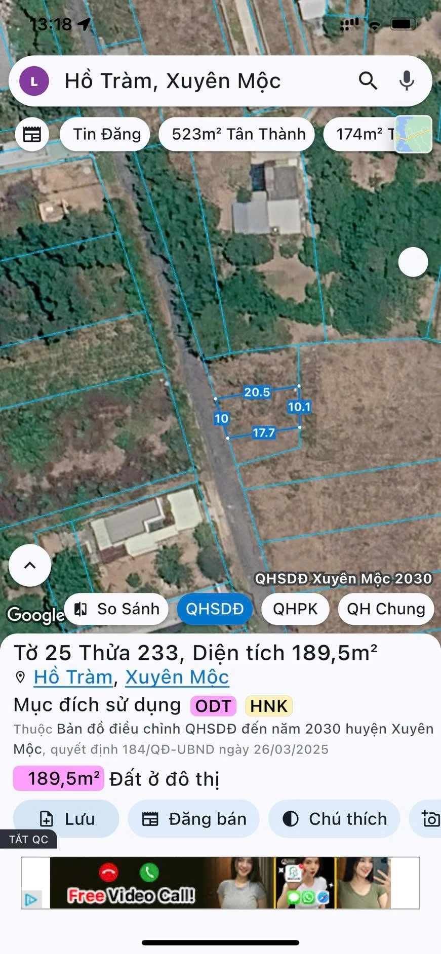 Bán đất nền Hồ Tràm 189.5m² mặt tiền 10m - Ảnh 1
