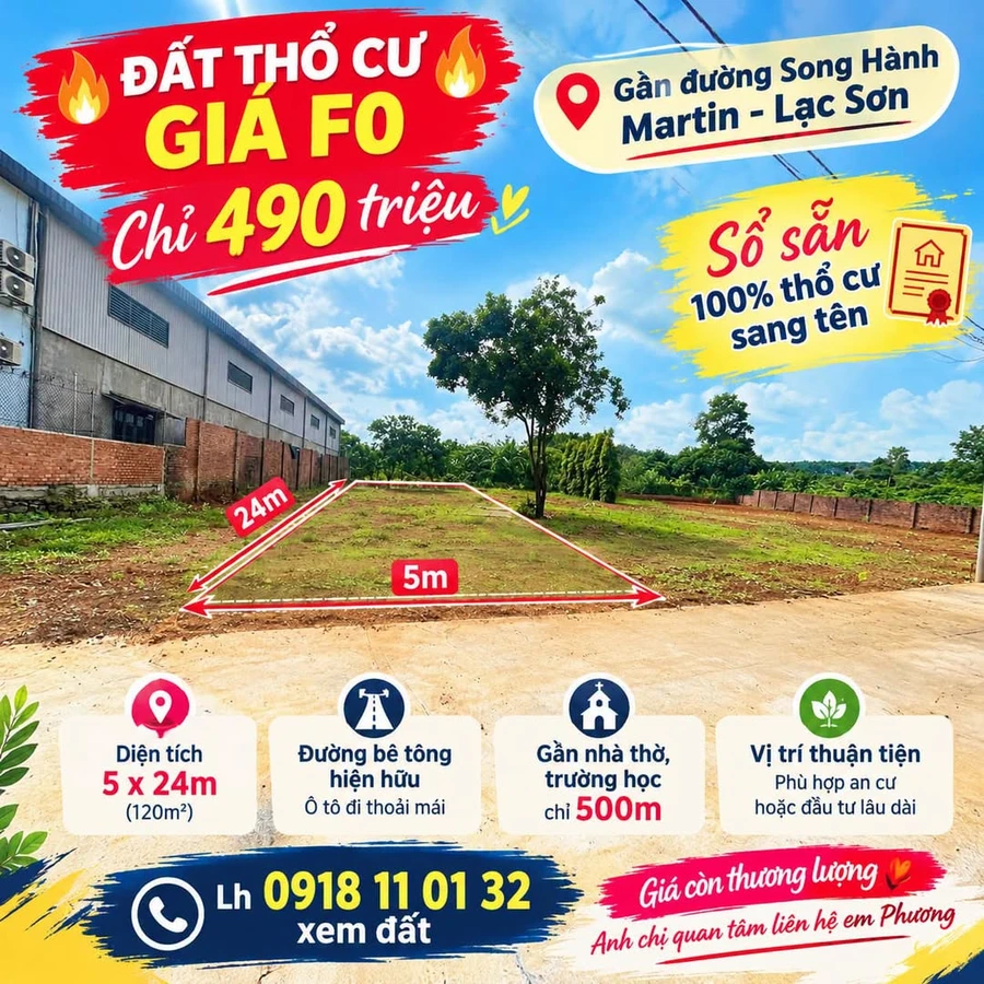 Bán đất thổ cư 120m² giá 490 triệu gần Song Hành Martin - Ảnh 1