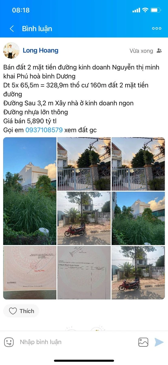 Bán đất 2 mặt tiền Nguyễn Thị Minh Khai Phú Hoà Bình Dương 328.9 m² - Ảnh 1