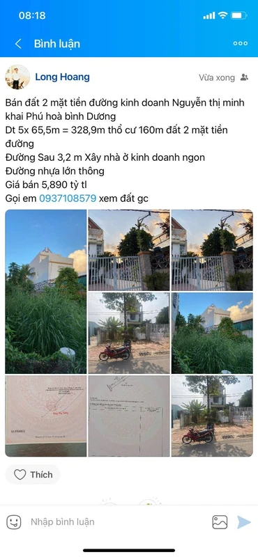 Bán đất 2 mặt tiền Nguyễn Thị Minh Khai Phú Hoà Bình Dương 328.9 m²
