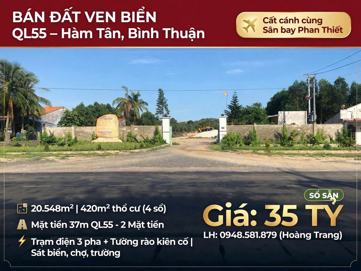 Bán đất 20.548m² mặt tiền QL55 Hàm Tân 35 tỷ - Ảnh 1