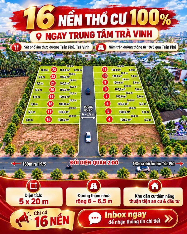 Bán nền đất 5x20m (100m²) 919 triệu Trà Vinh