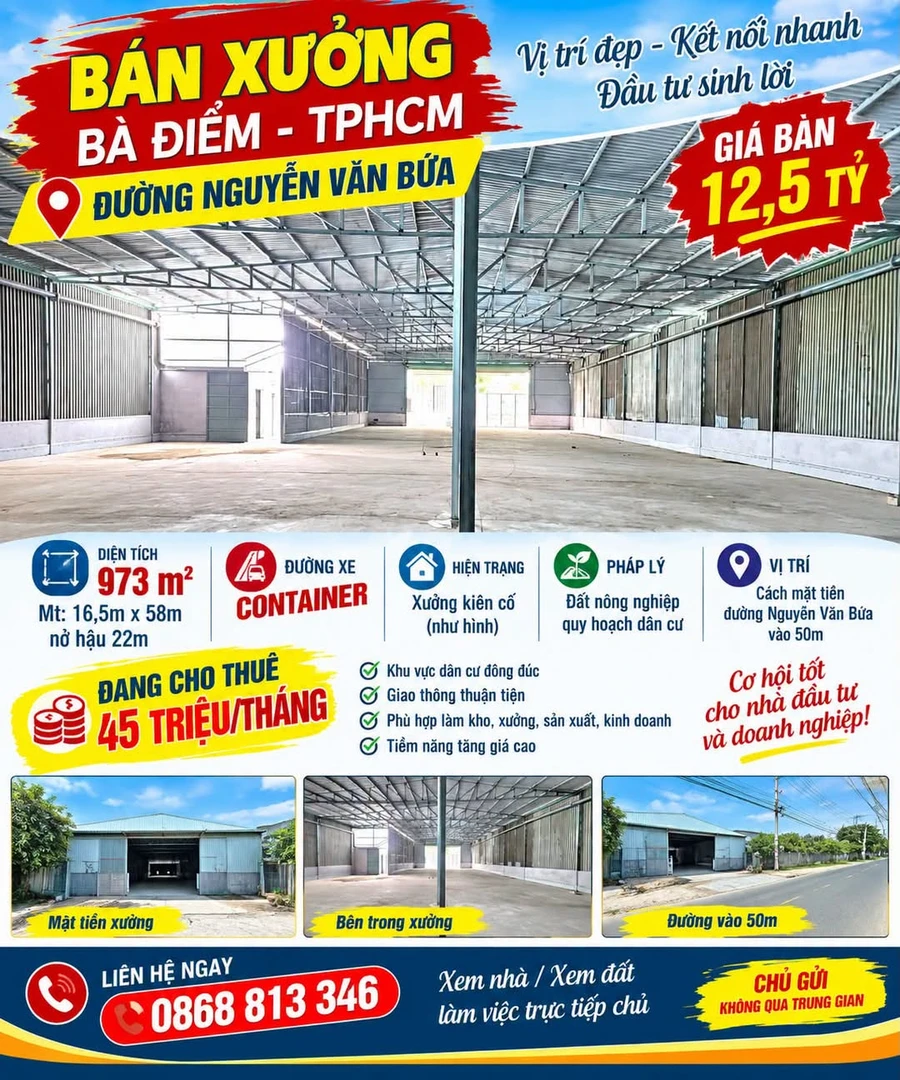 Bán xưởng 973m2 đường Nguyễn Văn Bứa Bà Điểm 12,5 tỷ - Ảnh 1