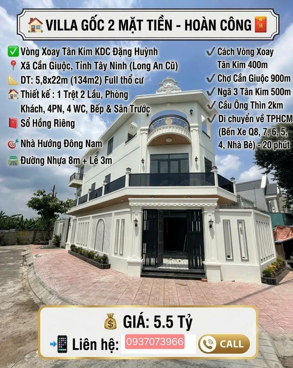 Bán biệt thự mini 134m2 căn góc 1 trệt 2 lầu 4PN khu tái định cư Đặng Huỳnh, Tân Kim, Cần Giuộc, Long An