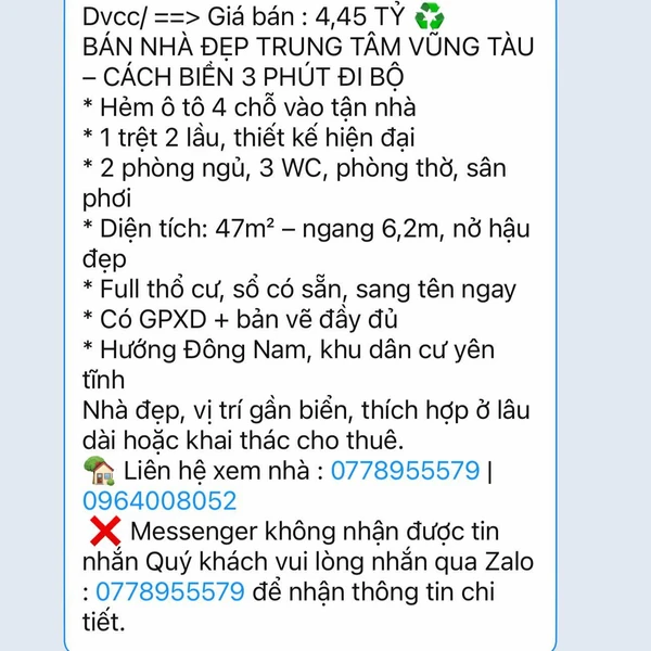 Bán nhà 2 phòng ngủ 47m² gần biển Vũng Tàu 4,45 tỷ