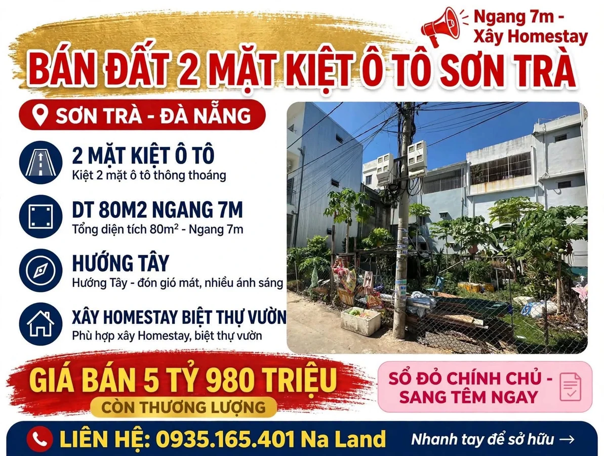 Bán đất 2 mặt kiệt ô tô Sơn Trà 80m² 5 tỷ 980 - Ảnh 1