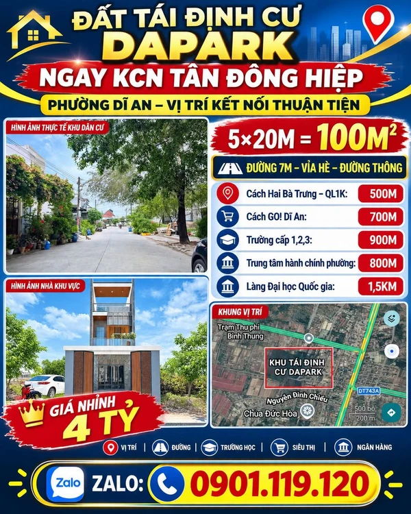Bán đất tái định cư Đapark 5x20m (100m2) gần KCN Tân Đông Hiệp, Dĩ An, Bình Dương